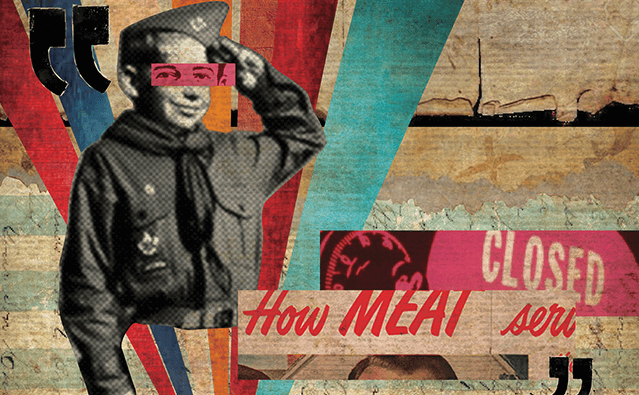 A collage of a man saluting with the words " how meat ?" underneath it.
