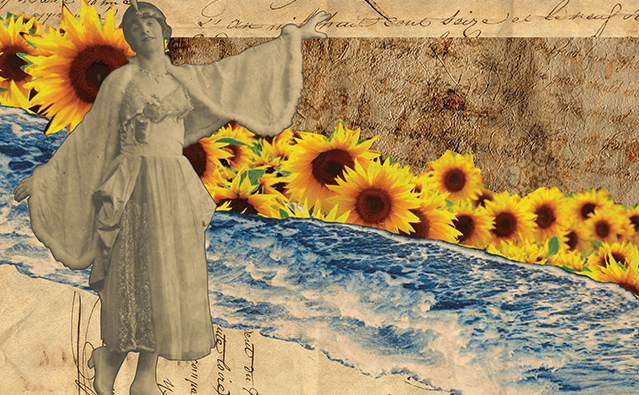 A collage of sunflowers and a woman