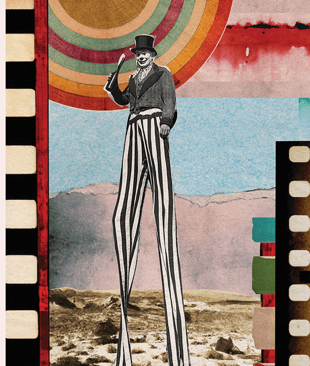 A man in striped pants and top hat standing on one leg.