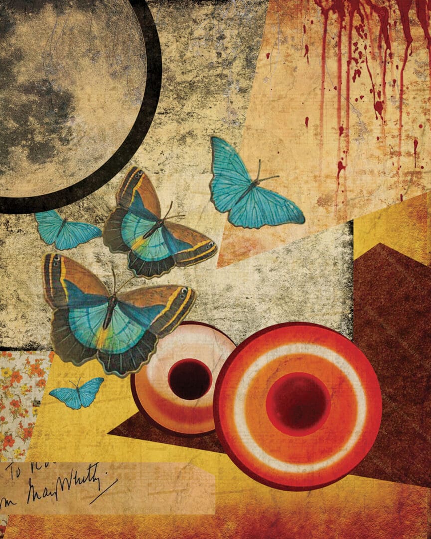 A painting of butterflies flying over a vase and bowl.