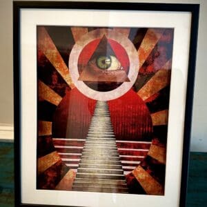 A framed picture of an eye and stairs