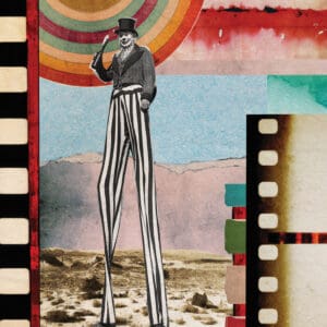 A collage of stripes and film strip with a person standing on one leg.