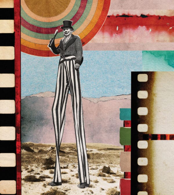 A collage of stripes and film strip with a person standing on one leg.