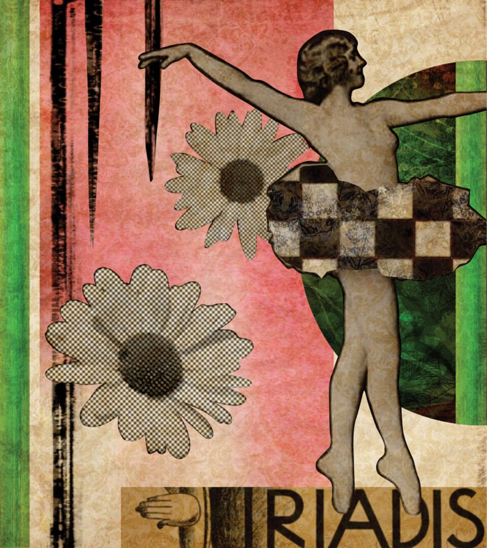 A collage of a man holding a sword and flowers.