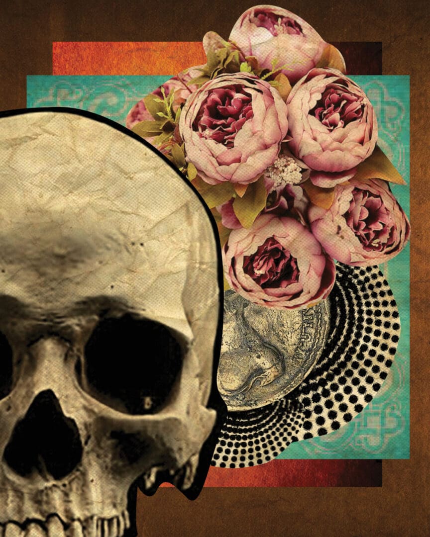 A skull with flowers and lace on it