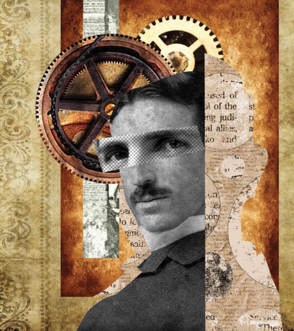 A collage of a man with a gear in the background.