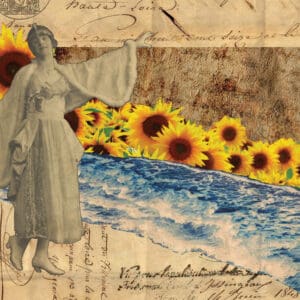 A collage of sunflowers and a woman standing in front of the ocean.