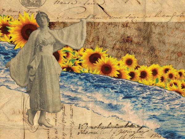 A collage of sunflowers and a woman standing in front of the ocean.