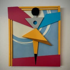 A colorful picture of an abstract figure on the wall.