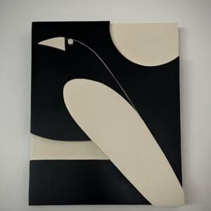 A black and white painting of an abstract bird.