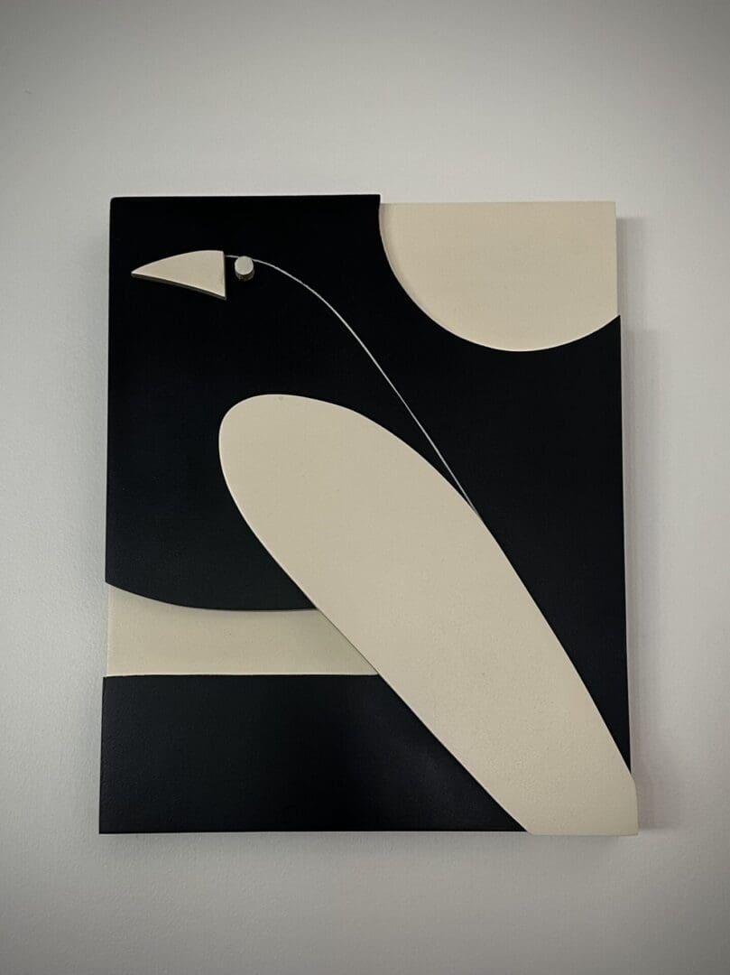 A black and white painting of an abstract bird.