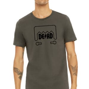 A man wearing a t-shirt with the word dead on it.