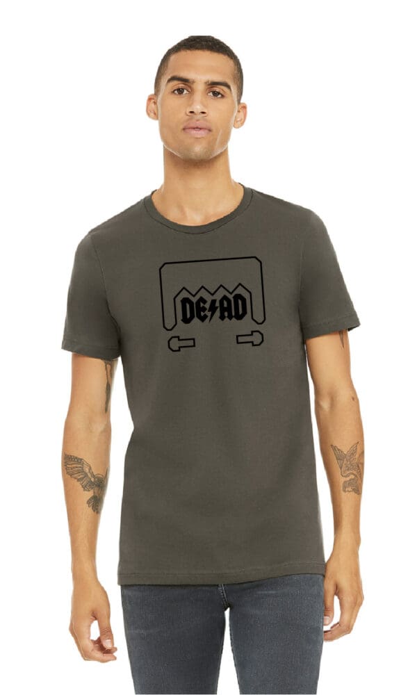 A man wearing a t-shirt with the word dead on it.