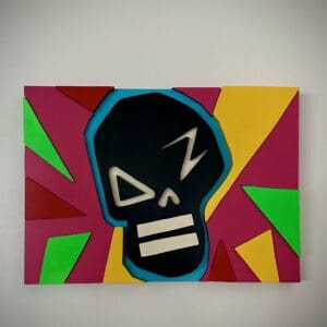 A painting of a skull with a black face and colorful background.