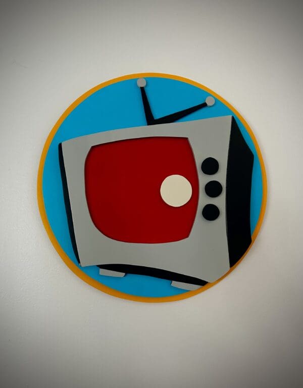 A painting of a television set on the wall.